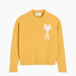 Ami Paris Pull Maille Ami De Coeur Blanc Moutarde
