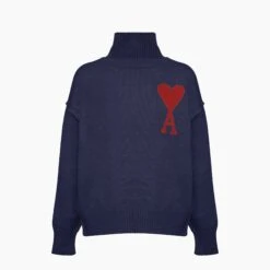 Ami Paris Pull Col Roulé Ami De Coeur Bleu Marine
